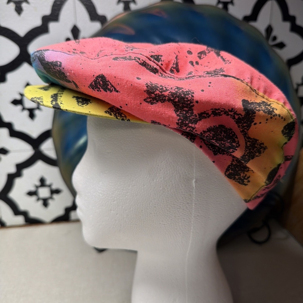 Vintage Cabbie Flat Hat Cap Golf Vibrant Hawaiian Colorful 90's Neon